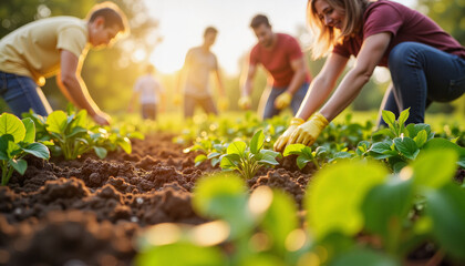 Volunteers planting in community garden at sunrise, nurturing togetherness