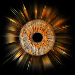 Human iris on black background, red pupil 