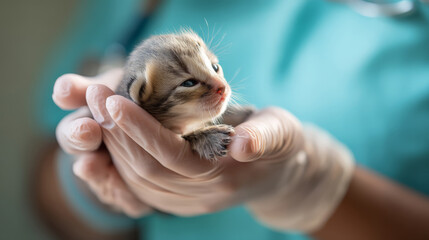 Veterinarian's hands gently holding a tiny newborn kitten 