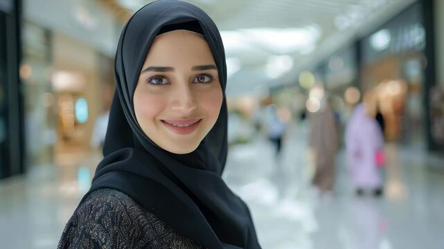beautiful young smiling arab woman in black hijab in a shopping mall, sheila, scarf, dress, traditional clothing, oriental fashion, middle east, UAE, Dubai, muslim, islamic, religious, shop, store