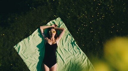 A woman in a black swimsuit and yellow sunglasses relaxes on a green blanket in a sunlit grassy field.