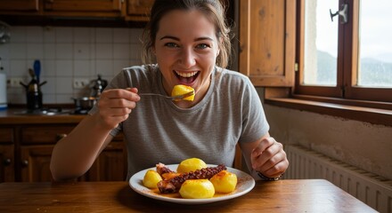 Photo Of A Woman Eating A Meal With Octopus And Potato On A Wooden Table