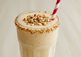 Photo of a Peanut Butter Smoothie In Glass with Red Straw and Nut Topping