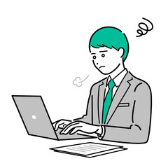 パソコン作業中にため息をして悩む、ビジネススーツを着た男性のシンプルな上半身ベクターイラスト