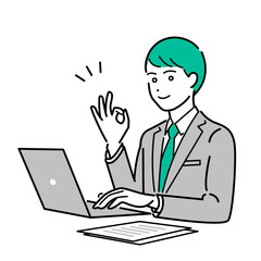 オッケーサインをしたPC作業中のビジネススーツを着た男性のシンプルな上半身ベクターイラスト