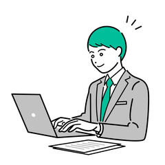 ビジネススーツを着た男性がパソコンを作業しているシンプルな上半身ベクターイラスト