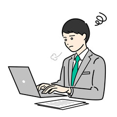 パソコン作業中にため息をして悩む、ビジネススーツを着た男性のシンプルな上半身ベクターイラスト