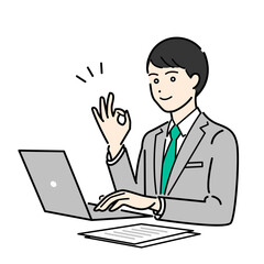 オッケーサインをしたPC作業中のビジネススーツを着た男性のシンプルな上半身ベクターイラスト
