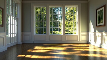 Sunlit Room with Large Windows, and Green View.