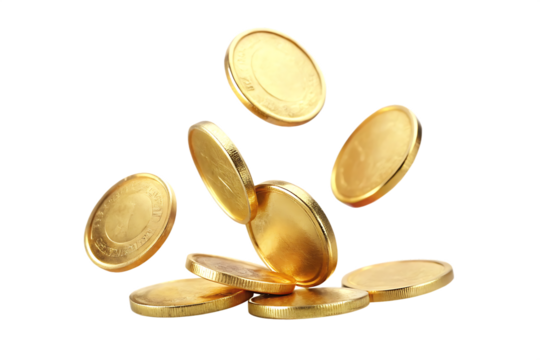 golden coins falling isolated on white background
