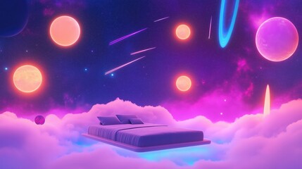 Naklejka premium Dream - like floating bed in a cosmic scene