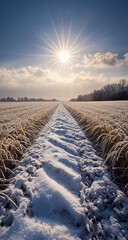 Sunlit Snowy Field Path.