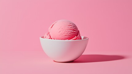 A vibrant pink ice cream scoop in a white bowl against a matching pink backdrop, showcasing simplicity and deliciousness.