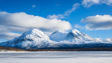 Snowy mountains rise above a frozen lake.
