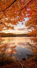 Photo of Autumn Lake with Golden Leaves and a Sunset in Nature