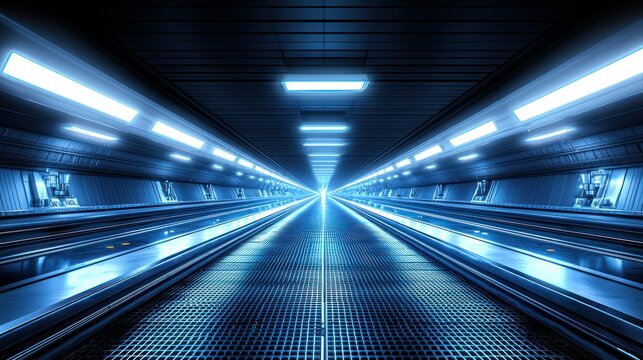 Blue-lit futuristic tunnel with moving walkways