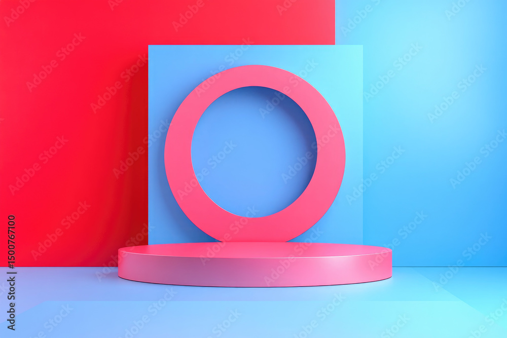 Fototapete a vibrant digital rendering features a pink cylindrical platform and a larger pink ring, both set ag