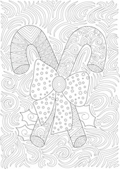 Holiday Candy Canes Coloring Page, An intricate black and white line art illustration featuring two decorative candy canes tied with a bow, surrounded by holly leaves and an abstract patterned 