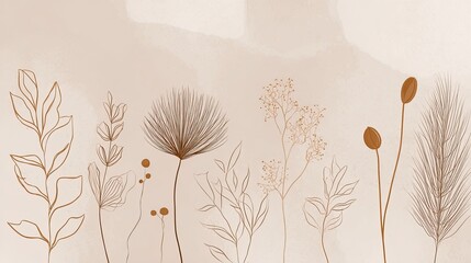 Soft minimalist beige background with line art botanical silhouettes