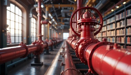 Red Pipeline with Valve in Industrial Library
