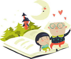 Grandmother tells a fairytales to her granddaughter. Vector illustration