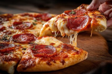 Hand lifting a delicious slice of hot pepperoni pizza, showcasing stringy melted mozzarella cheese stretching enticingly from the crust
