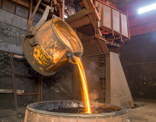 Molten metal being poured from a large ladle into a container in an industrial foundry, showcasing intense heat and activity