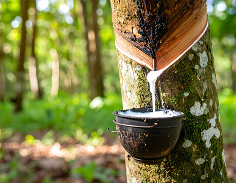 Rubber tree being tapped for latex in a lush tropical forest, showcasing the natural process of harvesting rubber