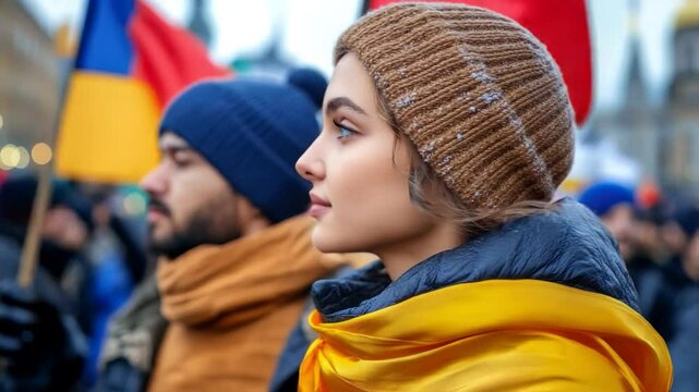 Diverse group of young adults in winter attire participate in a vibrant cultural parade with flags multicultural unity