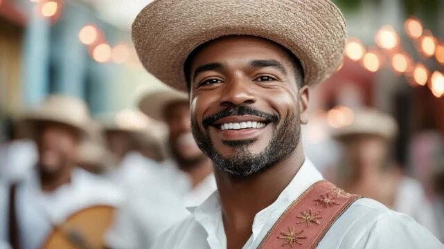Smiling African American man in straw hat enjoys a festive parade with lights celebration cultural attire