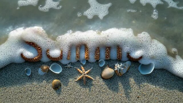 word "summer" made of shells on sand, lettering, vacation, sea, beach, inscription, coast, seashells, wave
