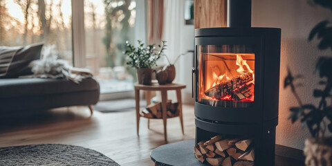 A modern wood-burning stove glows warmly in a cozy living room, casting a comforting ambiance.  The blurred background hints at a comfortable couch and large windows overlooking a wintery landscape.  