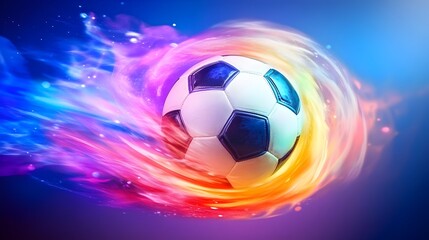 Fototapeta premium A soccer ball in vibrant, swirling, multicolored flames against a dark blue backdrop