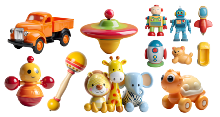 Set of nostalgia vintage toys accessories for baby children toddler on transparent cutout PNG. Many different colourful robot, rattle, spin top, truck, rocket, animal. Mockup template for design	
