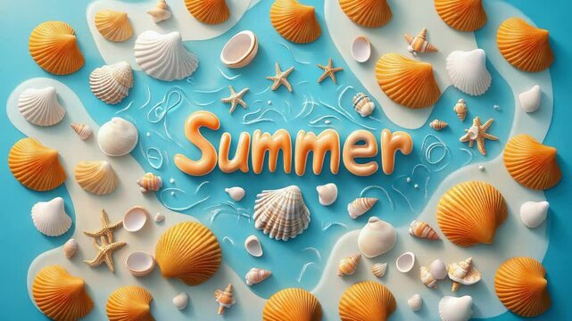 word "summer" made of shells on sand, lettering, vacation, sea, beach, inscription, coast, seashells, wave