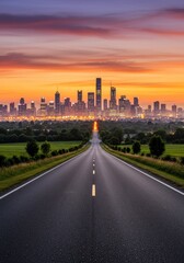 Obraz premium Photo of a Road Leading Towards a City Skyline Illuminated at Sunset