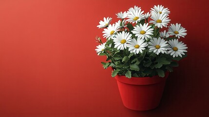 Daisies in red pot, a vibrant display against a red background, simple and lovely