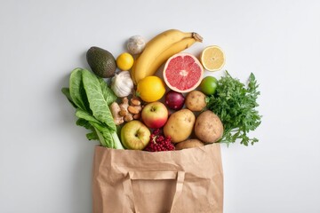 A bag of fruits and vegetables is displayed on a white background