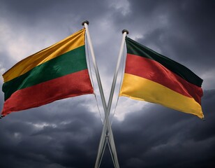 lithuania and germany flag waving in the same direction with dark cloudy background