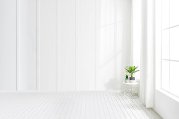 Empty luxury modern Room with a large window and Natural Light, Modern interior design with a light empty mock-up wall. 