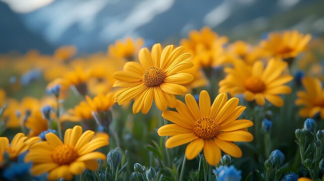 Vibrant yellow daisies and blue flowers fill a blurred mountain landscape with blooming, natural serenity - Powered by Adobe
