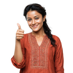 Portrait of a smiling woman giving a thumbs up wearing an orange embroidered kurta on a transparent background