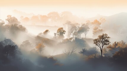 A foggy forest with trees and a tree in the foreground