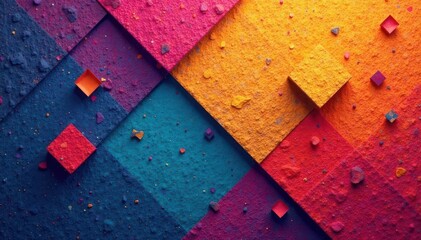 Geometric shapes repeat in vibrant colors on a textured background , geometric pattern, surface, vibrant