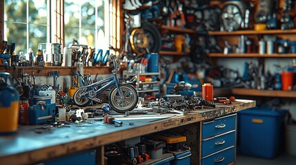 Professional Bicycle Repair Workbench with Complete Toolset and Safety Gear for Commercial Maintenance and Training Purposes