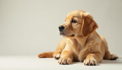 Golden Retriever puppy lying down, gazing off, loyal, animal, retriever