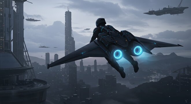 Futuristic Cityscape Aerial Flight: Individual Soaring Above a Metropolis with Jetpack Wings and Advanced Technology, Amidst Flying Vehicles and Towering Skyscrapers in a Cloudy, Sci-Fi Scene