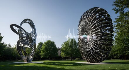 Modern Art Sculptures in Lush Green Park with Soundwave Visualization: Abstract Metal Structures, Outdoor Art, Contemporary Design, Urban Landscape, Communication Concept