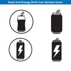 Four Soda And Energy Drink Can Vector Silhouette Icon Set
