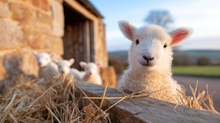 Obraz premium A cute lamb stands near a barn with other lambs in the background, basking in soft sunlight.